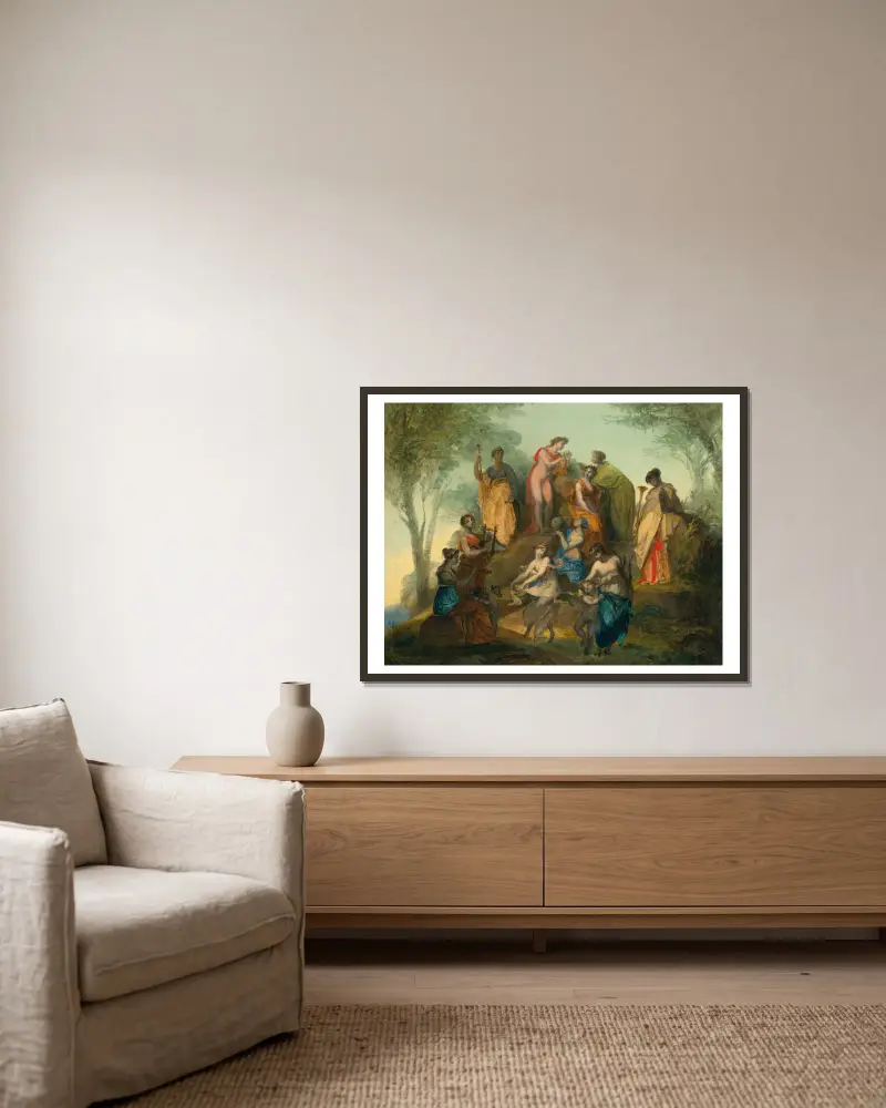 Apollo And The Nine Muses On Mount Parnassus av Pierre-Paul Prud'hon inramad på en vägg