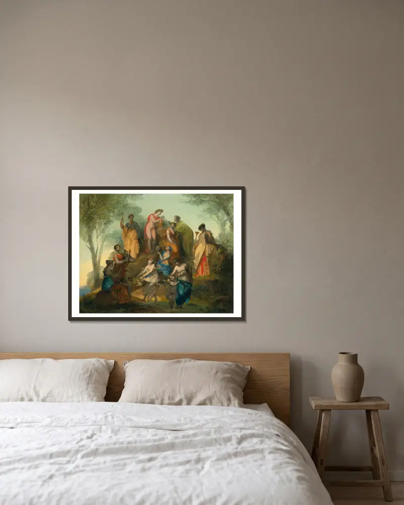 Apollo And The Nine Muses On Mount Parnassus av Pierre-Paul Prud'hon inramad på en vägg