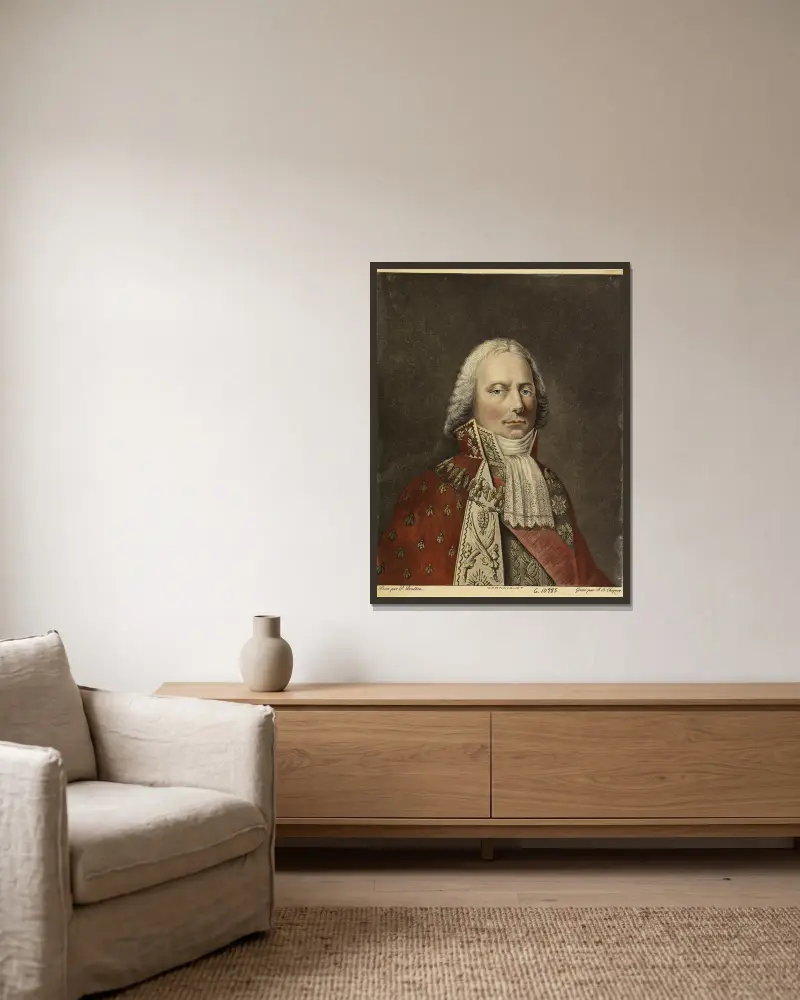 Charles-Maurice de Talleyrand-Périgord, prince de Bénévent, en costume de vice-grand électeur av Pierre-Paul Prud'hon inramad på en vägg