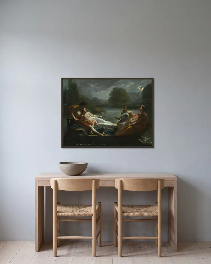 The Dream of Happiness av Pierre-Paul Prud'hon inramad på en vägg