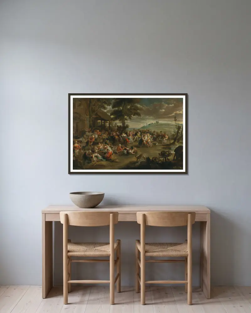 Ein Dorffest von Follower of Peter Paul Rubens gerahmt an einer Wand