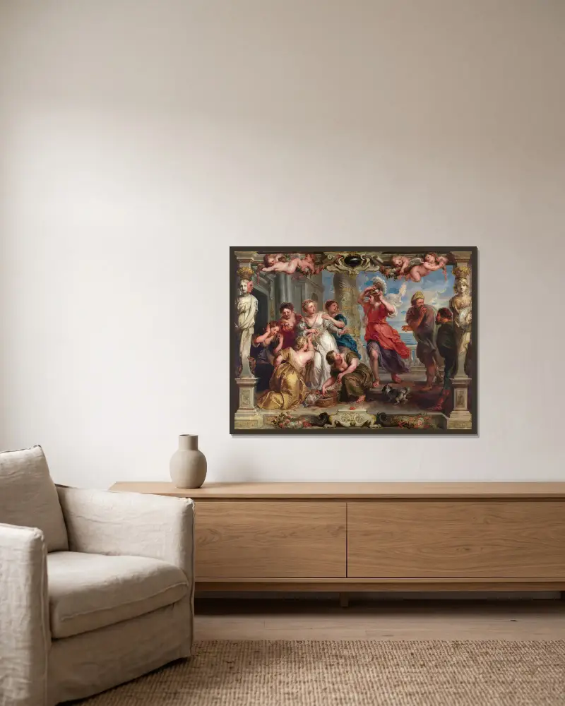 Achilles Discovered By Ulysses Among The Daughters Of Lycomedes av Peter Paul Rubens inramad på en vägg