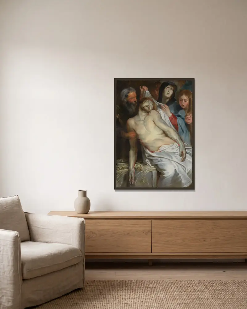 Christus auf dem Stroh von Peter Paul Rubens gerahmt an einer Wand