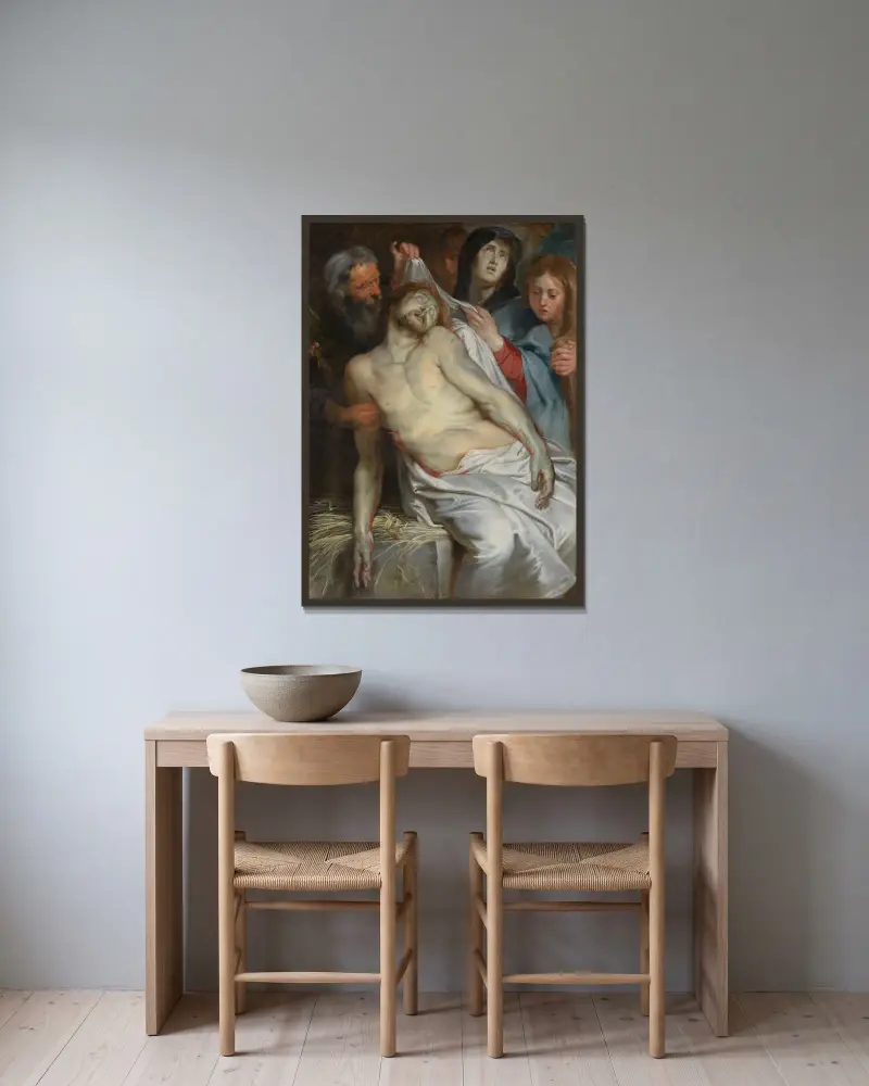Christus auf dem Stroh von Peter Paul Rubens gerahmt an einer Wand