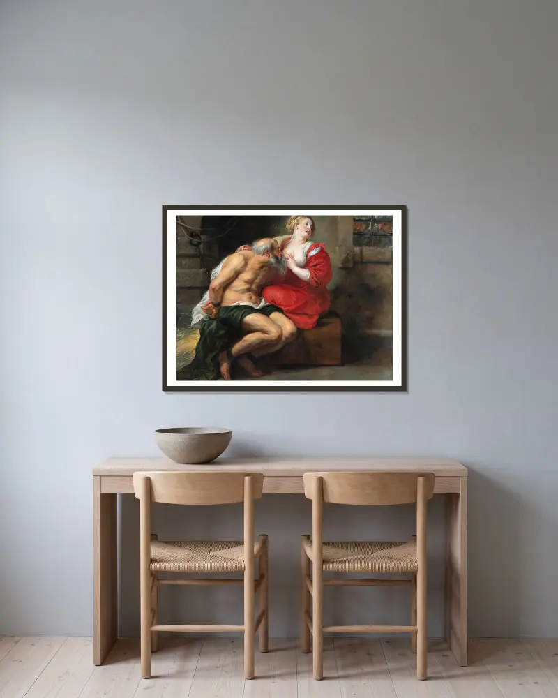 Cimon und Pero (Römische Caritas) von Peter Paul Rubens gerahmt an einer Wand