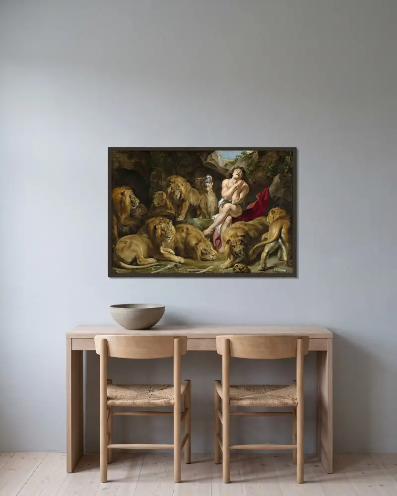 Daniel in the Lions’ Den av Peter Paul Rubens inramad på en vägg