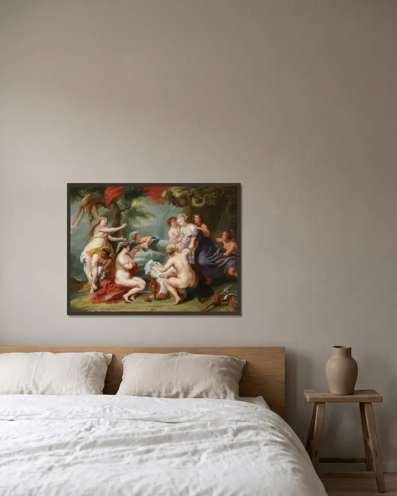 Diana discovering Callisto’s pregnancy av Follower of Peter Paul Rubens inramad på en vägg