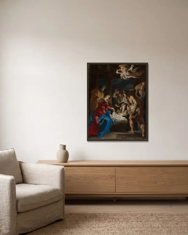 Die Anbetung der Hirten av Peter Paul Rubens inramad på en vägg