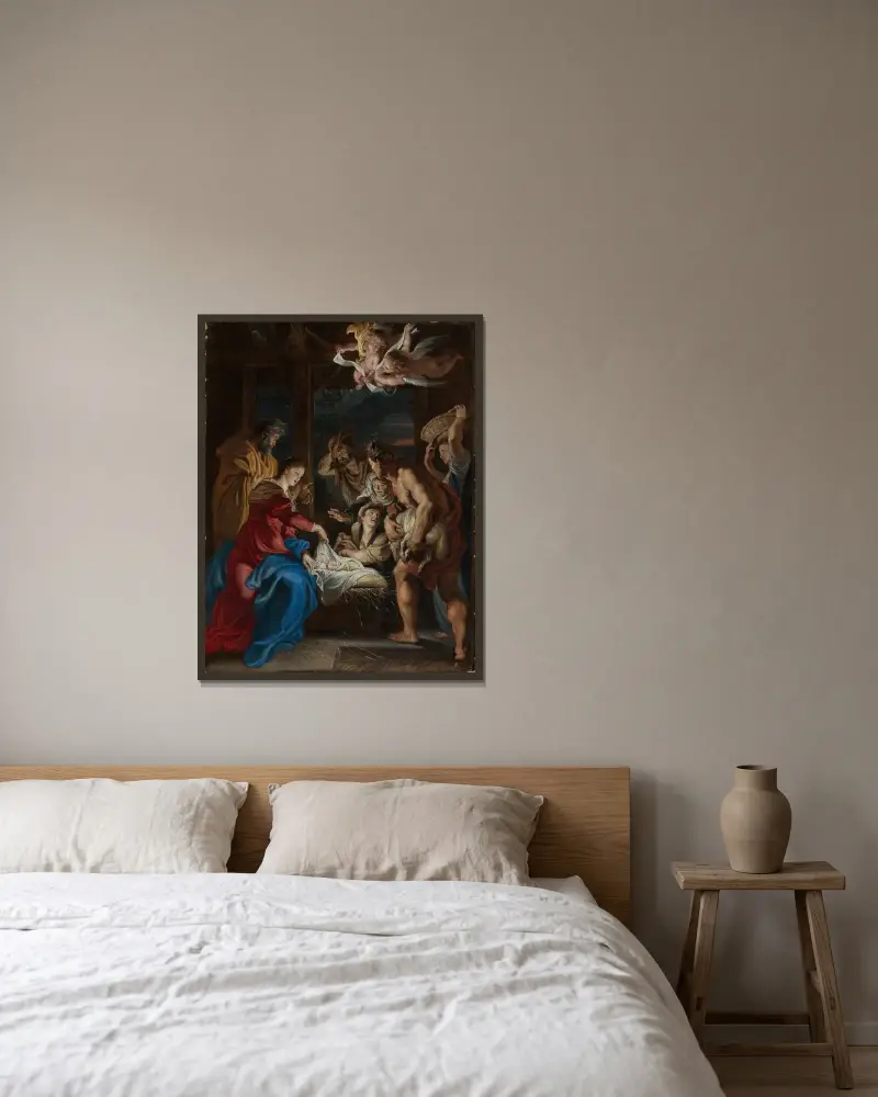 Die Anbetung der Hirten av Peter Paul Rubens inramad på en vägg