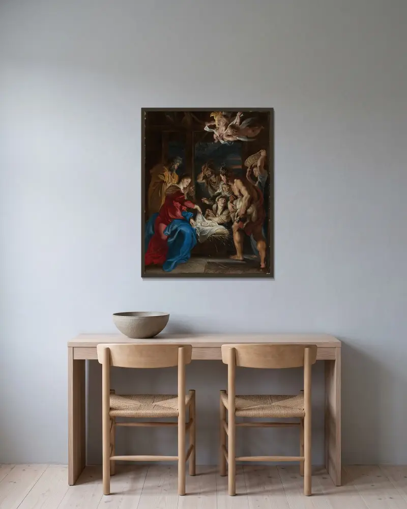 Die Anbetung der Hirten av Peter Paul Rubens inramad på en vägg