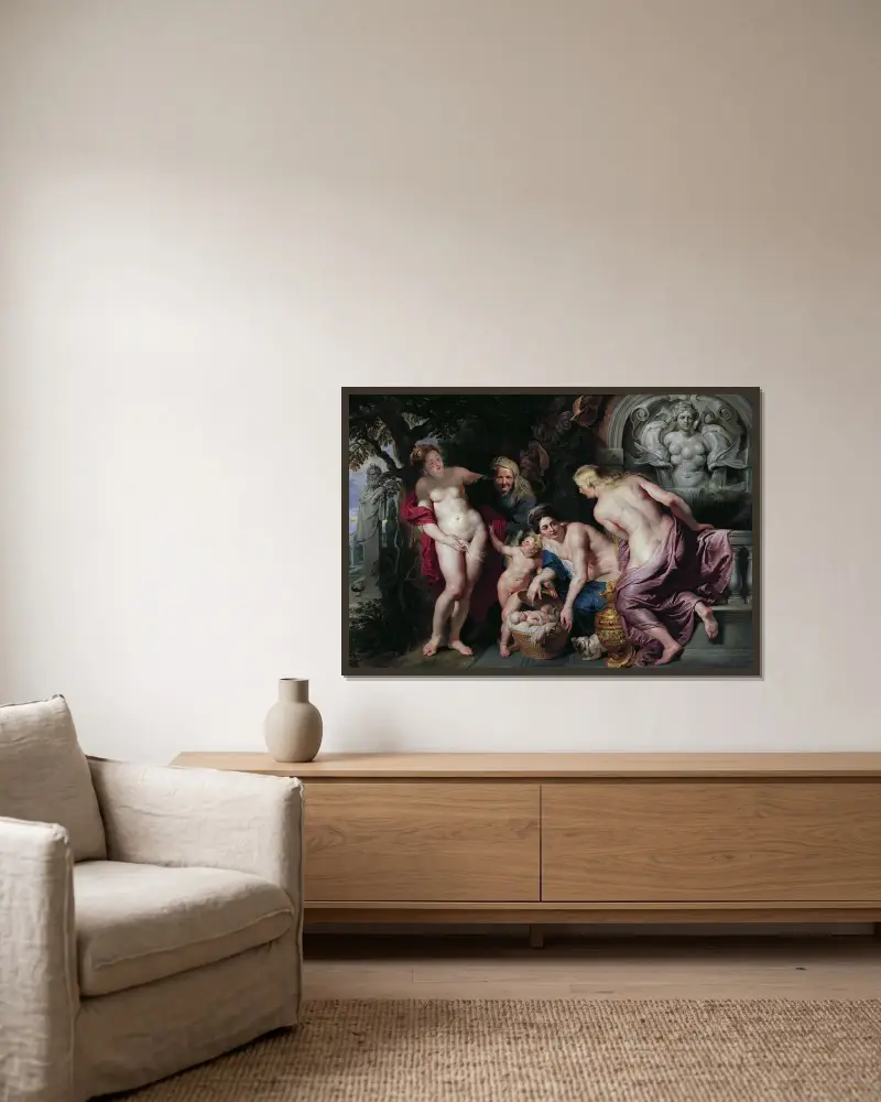 Erichthonius upptäcks av Cecrops döttrar av Peter Paul Rubens inramad på en vägg