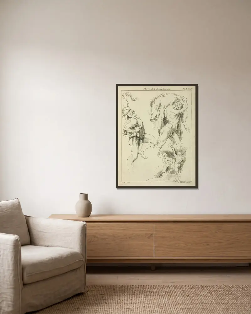 Four studies of figures; one wrestling with a snake, one lifting a dead boar, and two ‘Atlas’ figures lifting a globe av Peter Paul Rubens inramad på en vägg