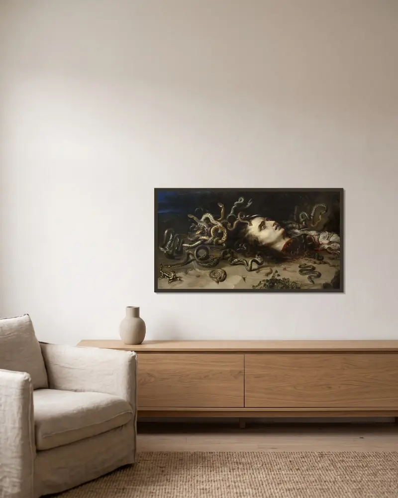 Head of Medusa av Peter Paul Rubens inramad på en vägg