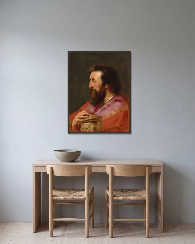 Huvud av en av de tre vise männen – Melchior, den assyriske kungen av Peter Paul Rubens inramad på en vägg