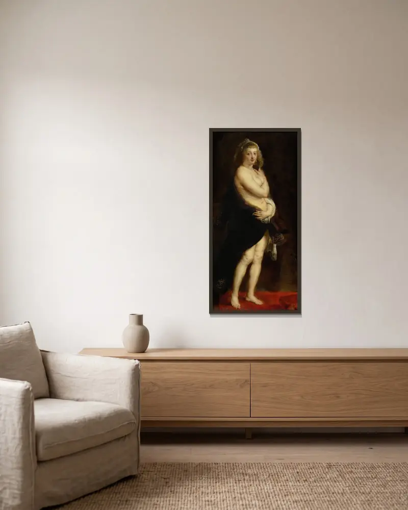 Helena Fourment i pälskappa av Peter Paul Rubens inramad på en vägg