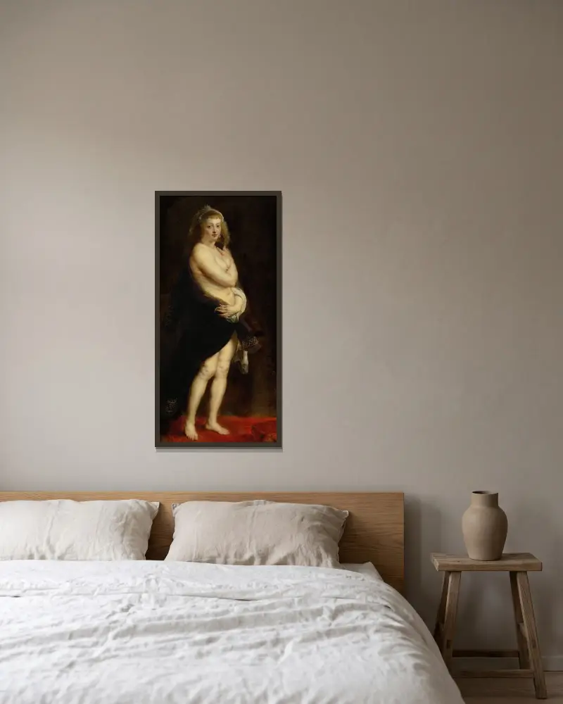 Helena Fourment i pälskappa av Peter Paul Rubens inramad på en vägg