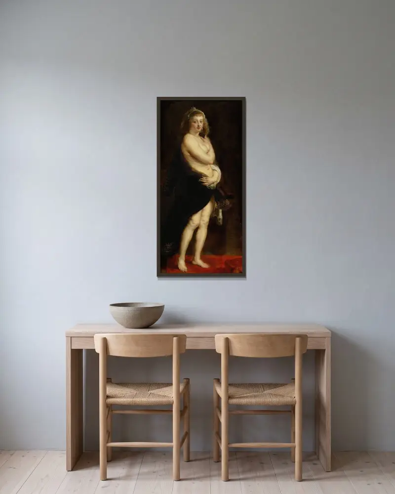 Helena Fourment i pälskappa av Peter Paul Rubens inramad på en vägg
