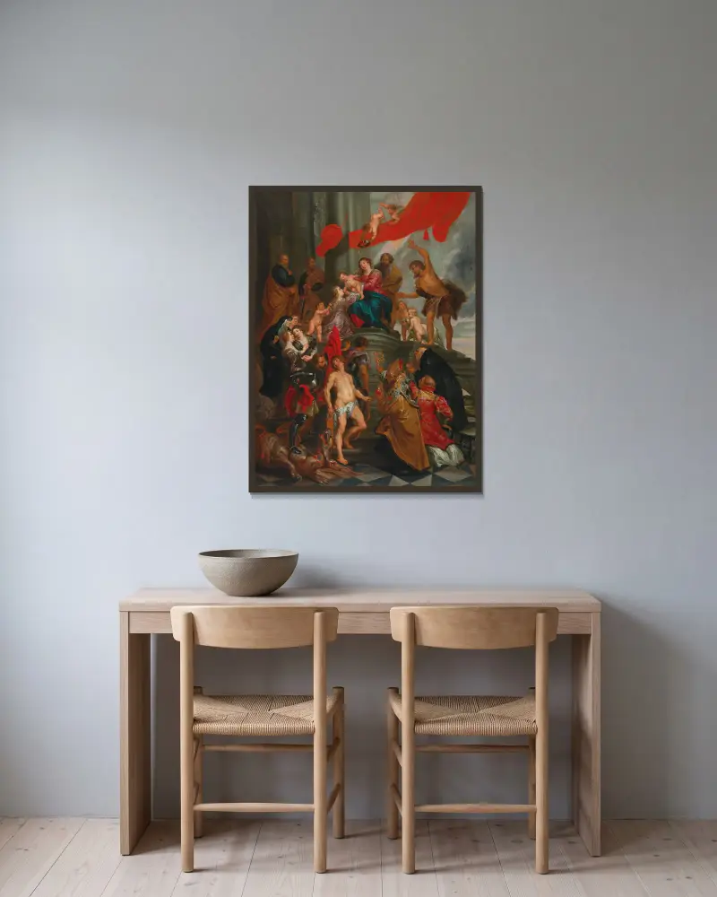 Madonna And Child With Saints av Follower of Peter Paul Rubens inramad på en vägg