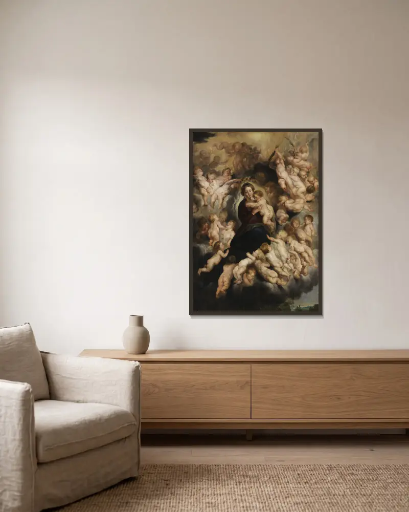 Maria mit Kind im Engelskranz av Follower of Peter Paul Rubens inramad på en vägg