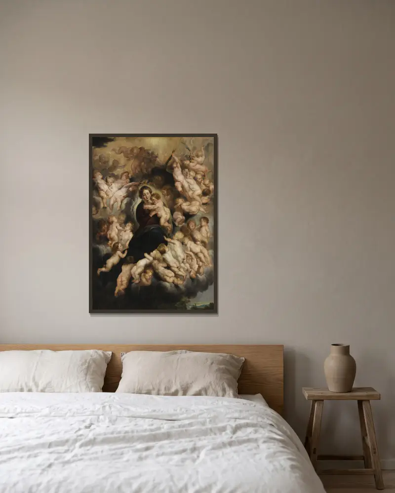 Maria mit Kind im Engelskranz av Follower of Peter Paul Rubens inramad på en vägg