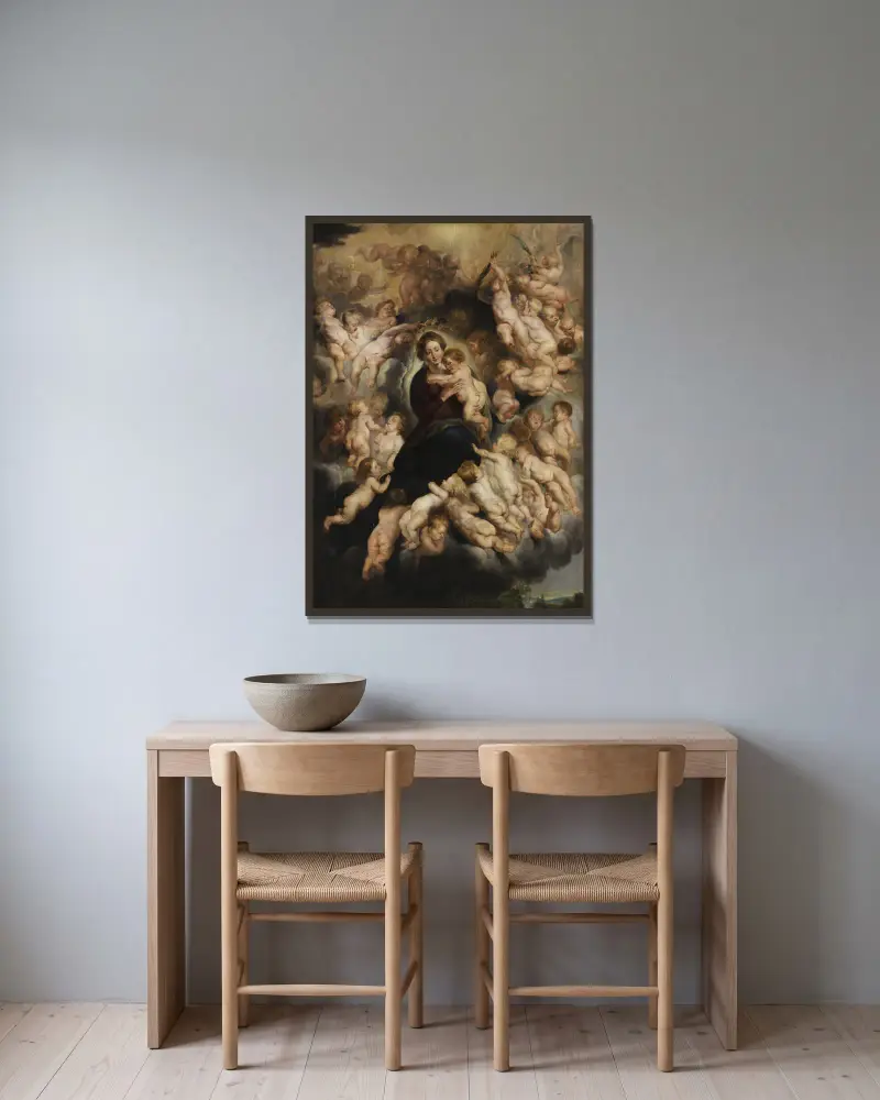 Maria mit Kind im Engelskranz av Follower of Peter Paul Rubens inramad på en vägg
