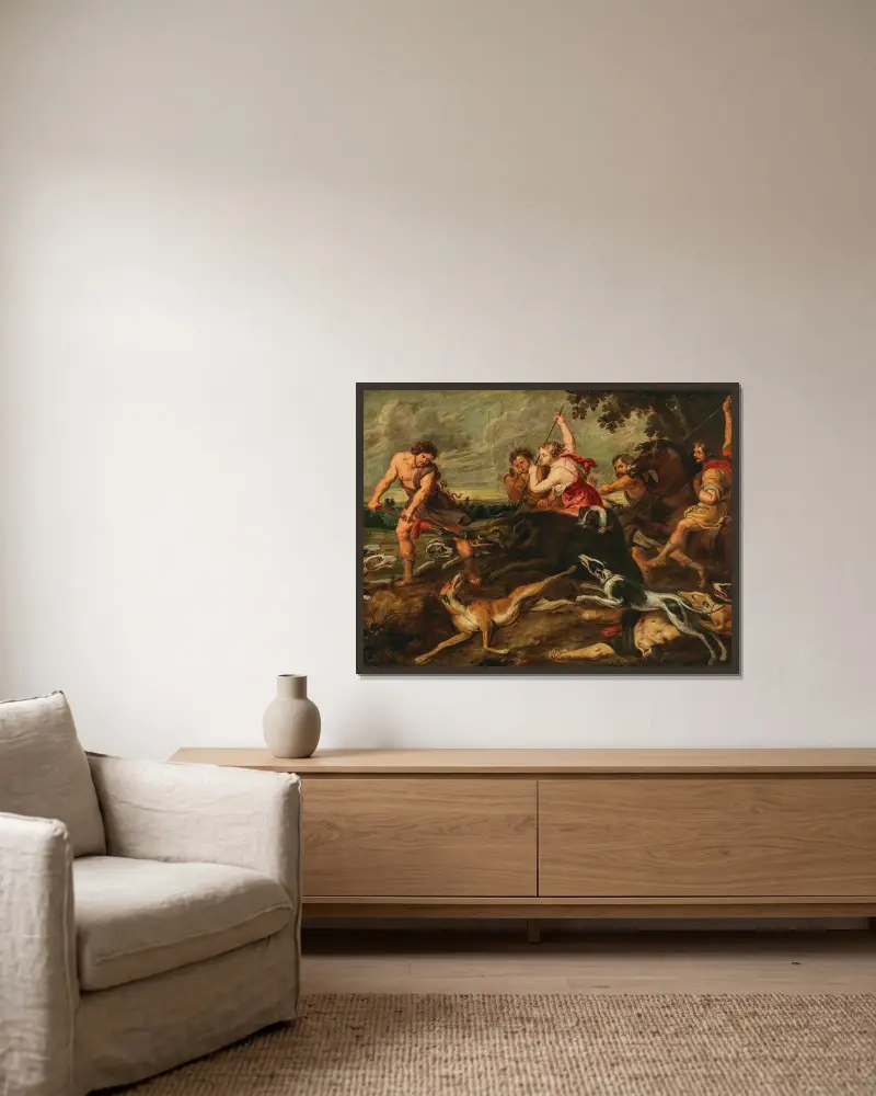 Meleager and Atalante hunting the Calydonian boar av Follower of Peter Paul Rubens inramad på en vägg