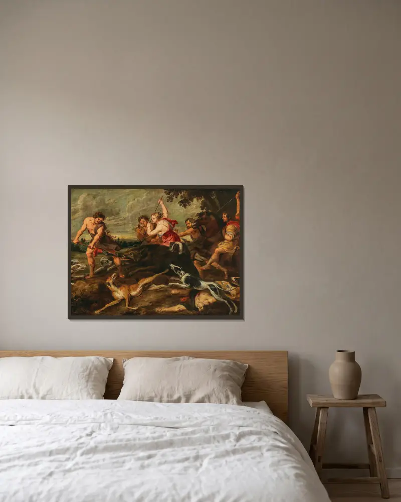 Meleager and Atalante hunting the Calydonian boar av Follower of Peter Paul Rubens inramad på en vägg