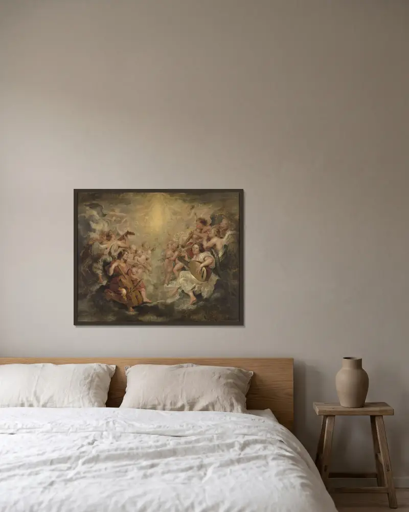 Musizierende Engel von Peter Paul Rubens gerahmt an einer Wand