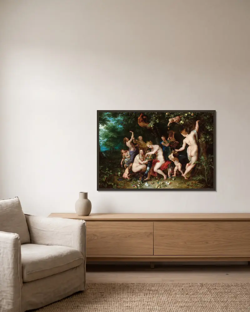 Nymphs Filling The Cornucopia av Peter Paul Rubens inramad på en vägg