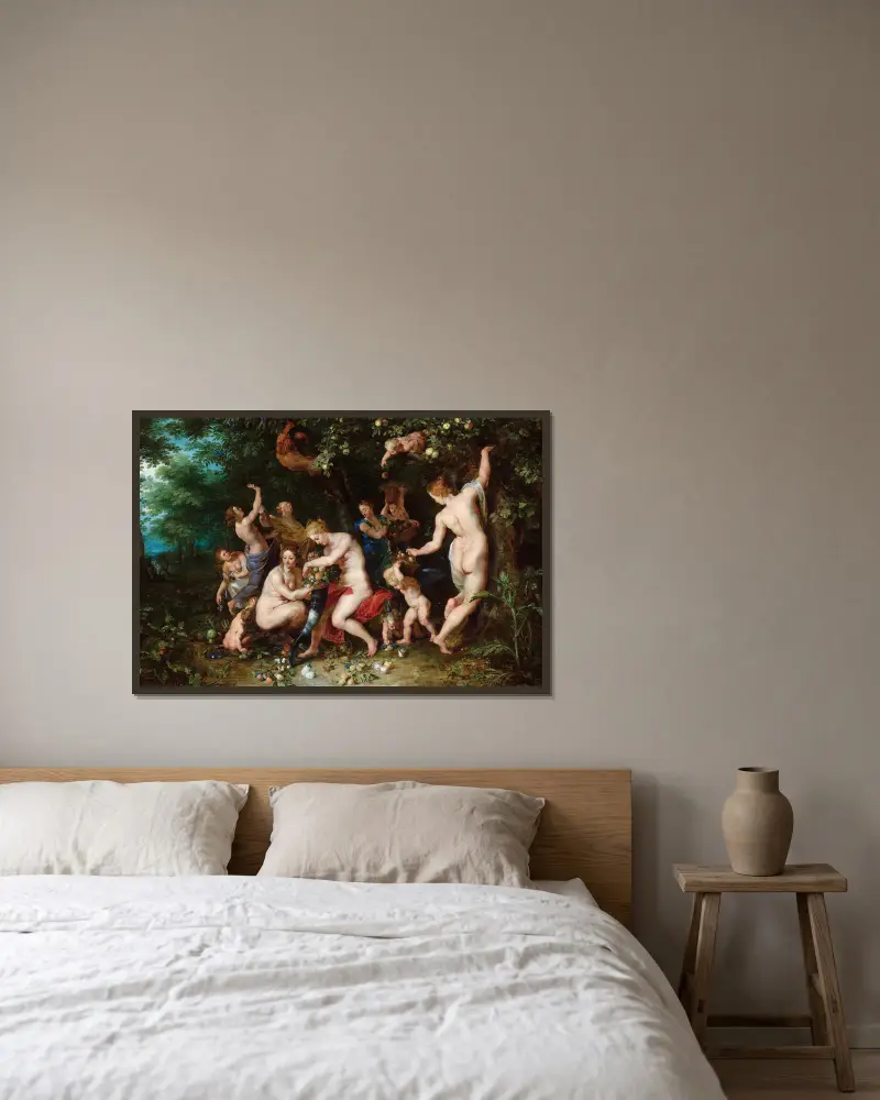 Nymphs Filling The Cornucopia av Peter Paul Rubens inramad på en vägg