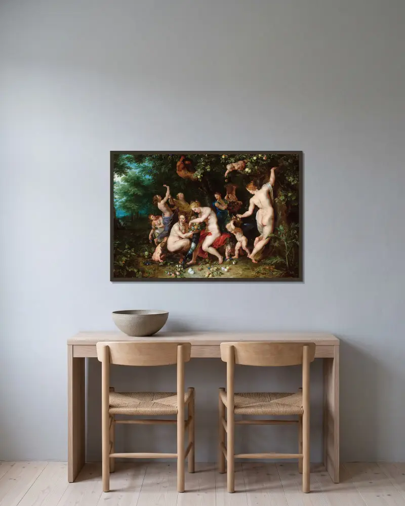 Nymphs Filling The Cornucopia av Peter Paul Rubens inramad på en vägg