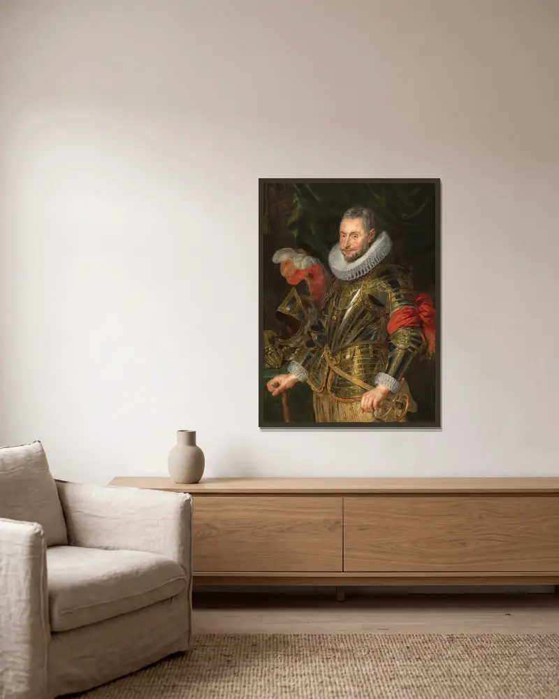 Portrait of Marchese Ambrogio Spinola av Peter Paul Rubens inramad på en vägg