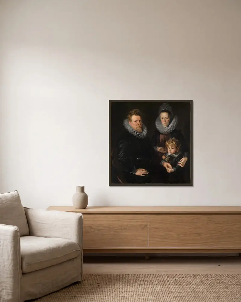Portrait of the Brussels goldsmith Robert Staes, his wife Anna and their son Albert av Peter Paul Rubens inramad på en vägg