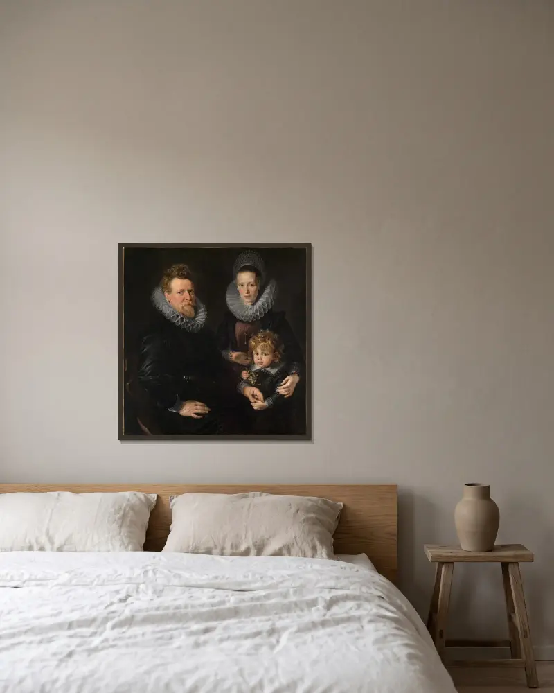 Portrait of the Brussels goldsmith Robert Staes, his wife Anna and their son Albert av Peter Paul Rubens inramad på en vägg