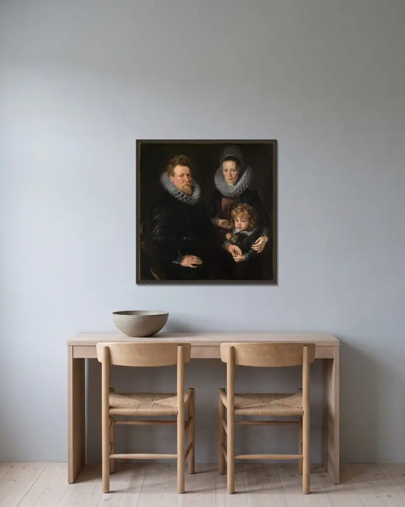 Portrait of the Brussels goldsmith Robert Staes, his wife Anna and their son Albert av Peter Paul Rubens inramad på en vägg
