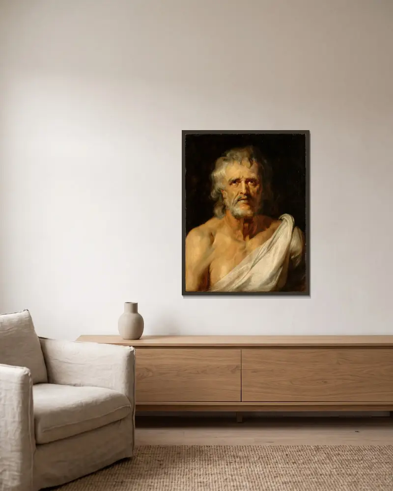 Portrait of the philosopher Seneca av Peter Paul Rubens inramad på en vägg