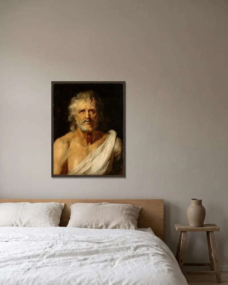 Portrait of the philosopher Seneca av Peter Paul Rubens inramad på en vägg