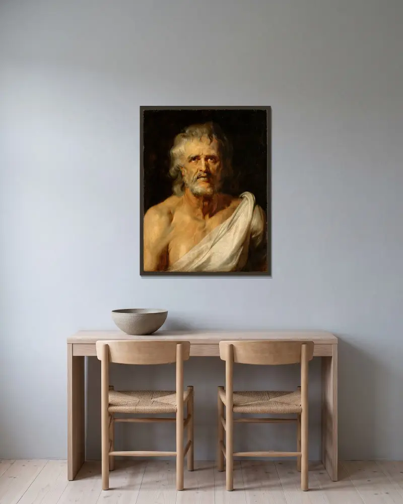Portrait of the philosopher Seneca av Peter Paul Rubens inramad på en vägg