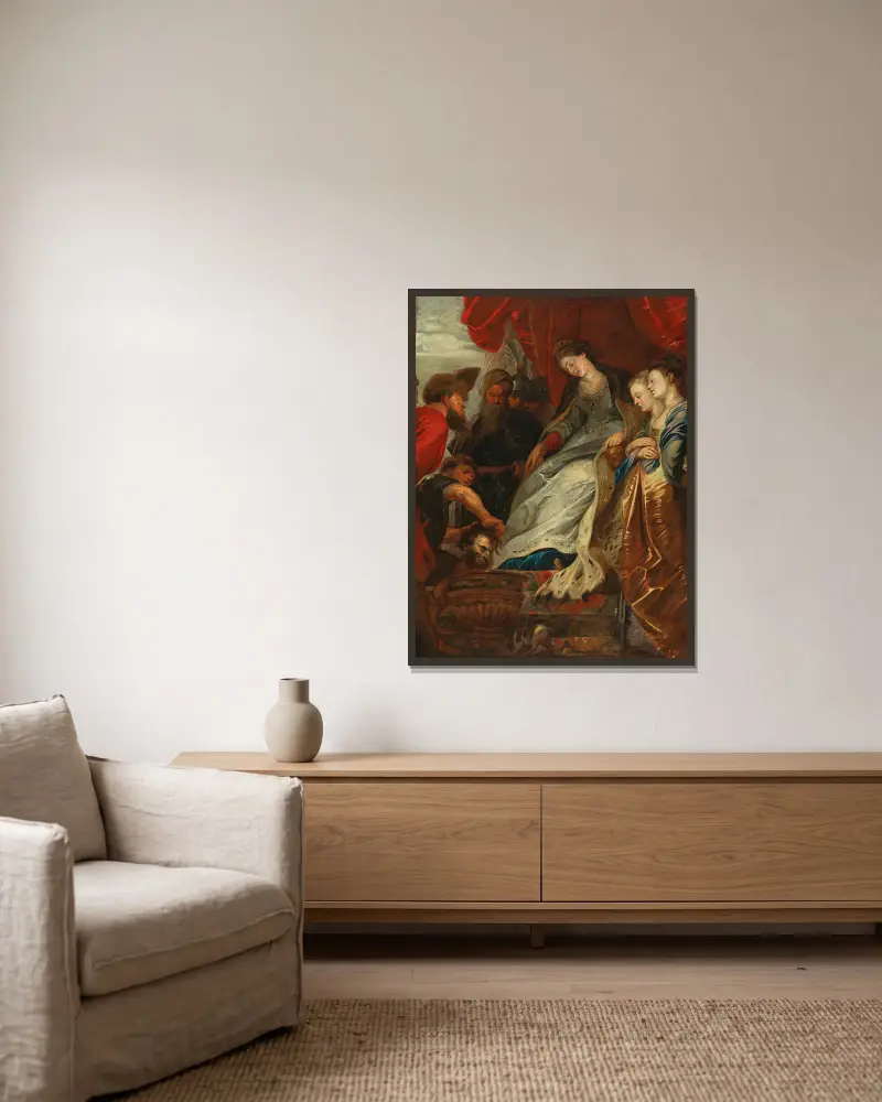 Queen Tomyris with the Head of Cyrus av Follower of Peter Paul Rubens inramad på en vägg