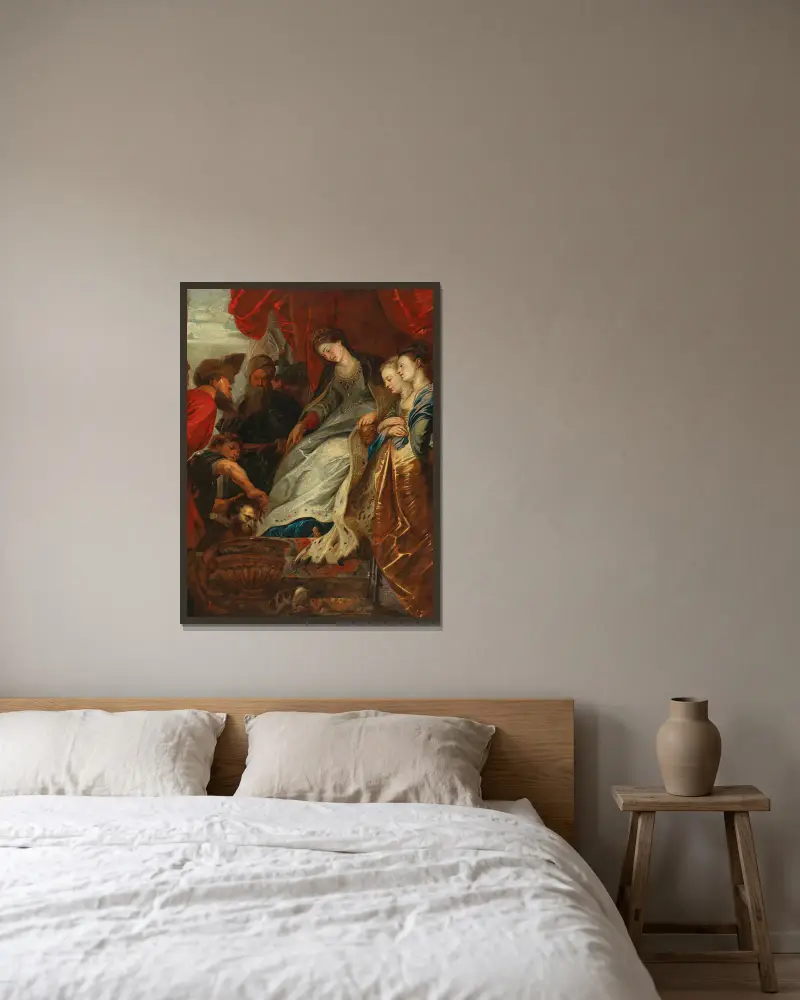 Queen Tomyris with the Head of Cyrus av Follower of Peter Paul Rubens inramad på en vägg