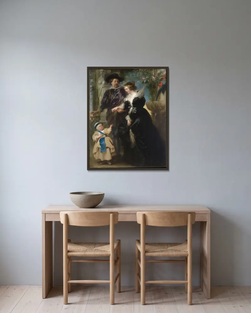 Rubens, His Wife Helena Fourment, and Their Son Frans av Peter Paul Rubens inramad på en vägg
