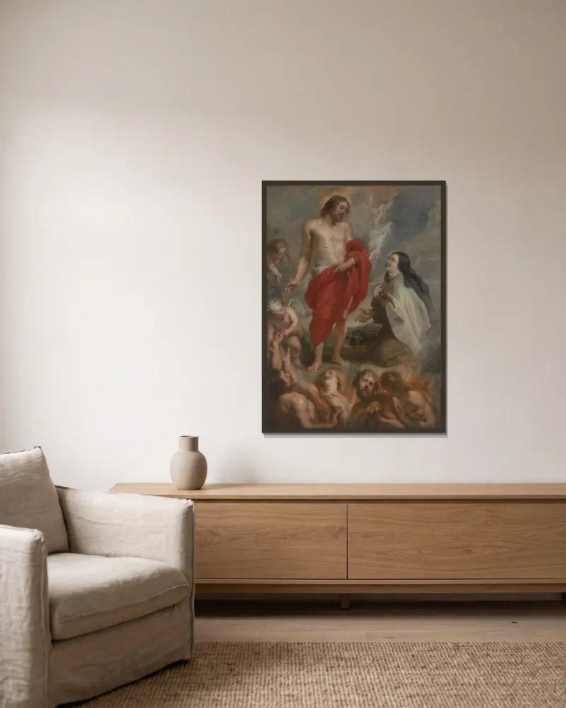 Saint Teresa of Ávila Interceding for Bernardino de Mendoza in Purgatory av Peter Paul Rubens inramad på en vägg