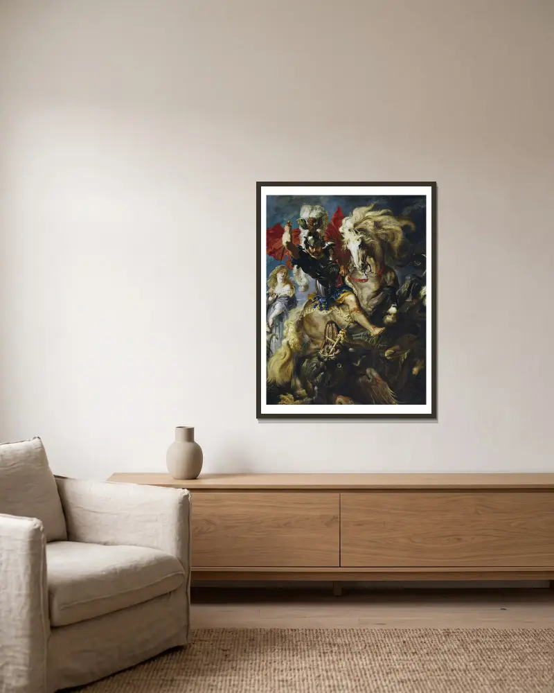 St George Battles The Dragon av Peter Paul Rubens inramad på en vägg