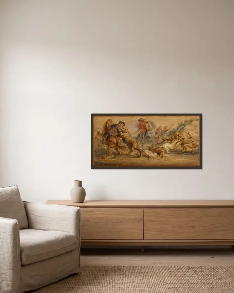 Přípravná studie k „Lovu na medvěda“ (pro Alcázar, Madrid), Peter Paul Rubens v rámu na stěně