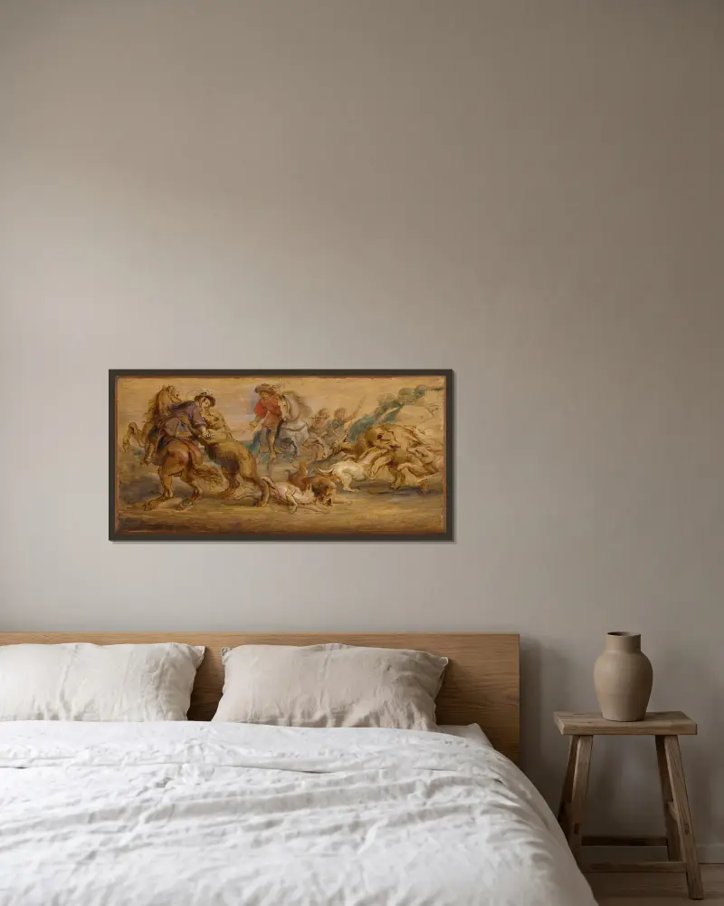 Přípravná studie k „Lovu na medvěda“ (pro Alcázar, Madrid), Peter Paul Rubens v rámu na stěně