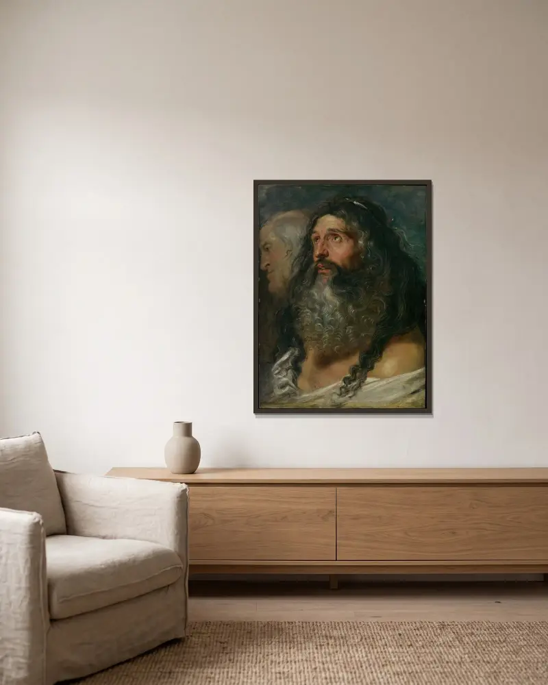 Studie zweier Köpfe von Peter Paul Rubens gerahmt an einer Wand