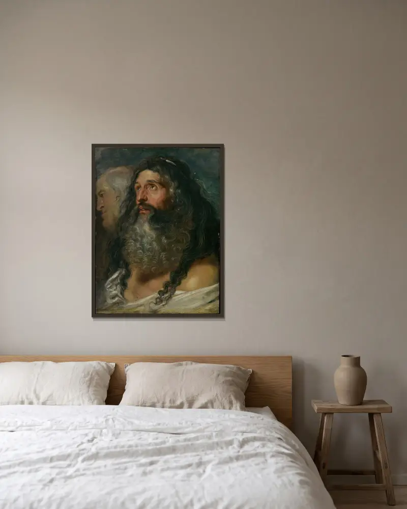 Studie zweier Köpfe von Peter Paul Rubens gerahmt an einer Wand