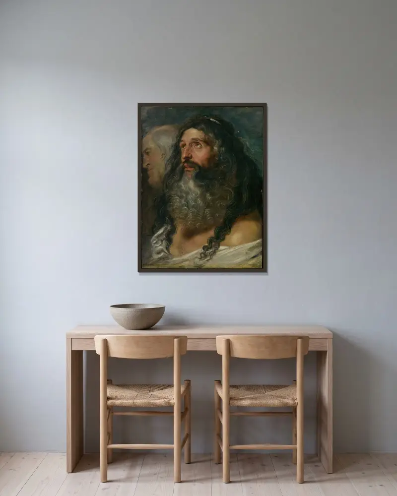 Studie zweier Köpfe von Peter Paul Rubens gerahmt an einer Wand