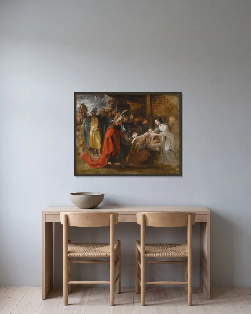 The Adoration Of The Magi – nr 1 av Peter Paul Rubens inramad på en vägg