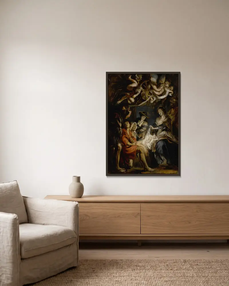 Herdarnas tillbedjan av Follower of Peter Paul Rubens inramad på en vägg